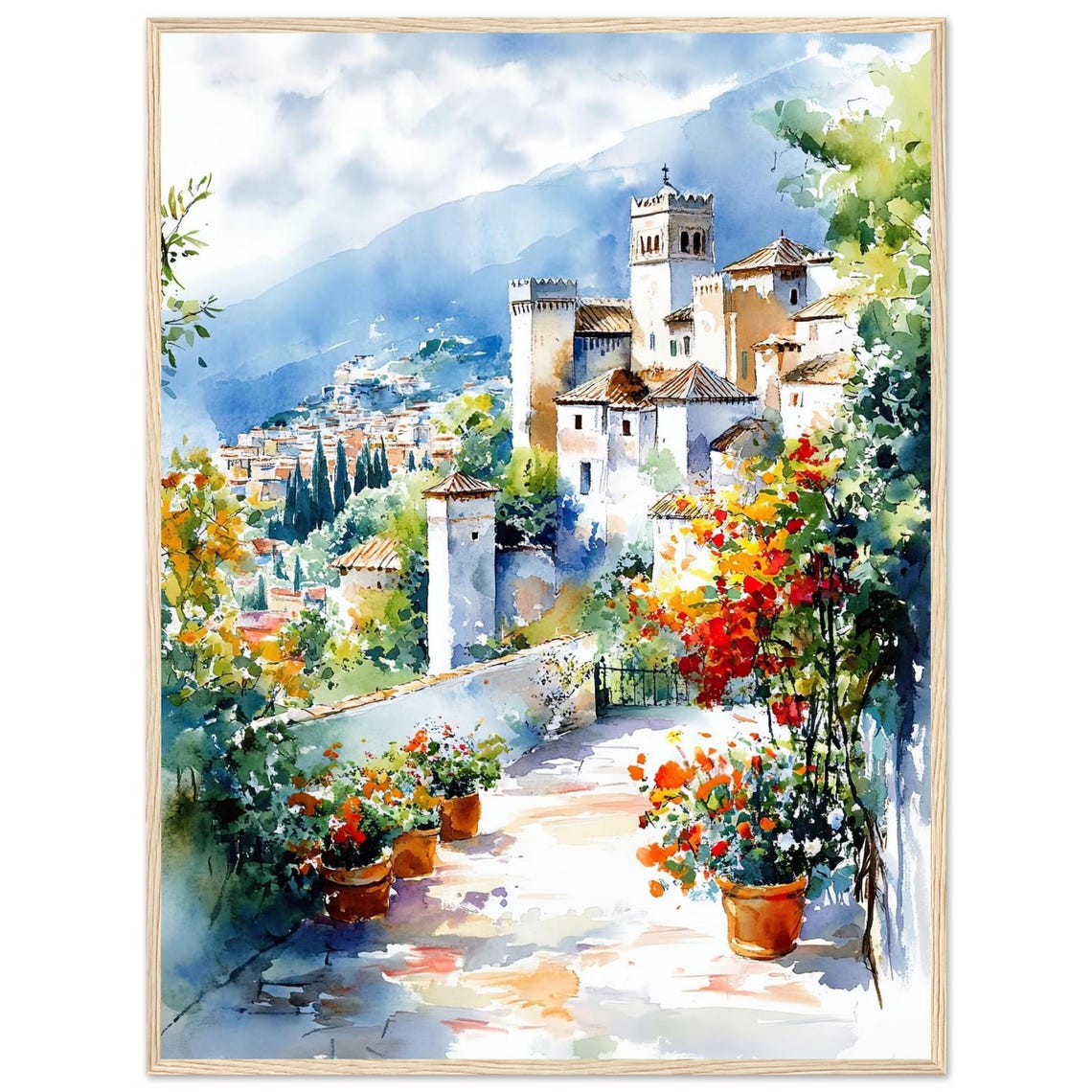 Granada Alhambra Hilltop Garden Flowers Watercolor Spain Poster