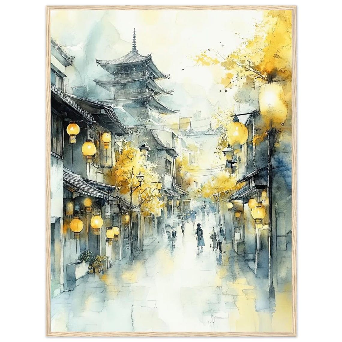 Kyoto Japan Lantern-Lit Street Watercolor Painting Travel Poster