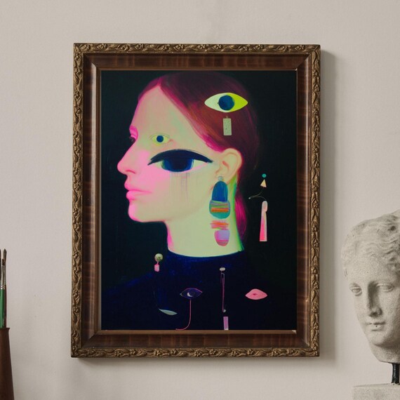 Neon Surrealist Woman Profile with Floating Eyes Abstract Face Poster