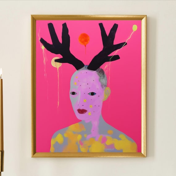 Antlered Star Face Neon Pink Surreal Portrait Fantasy Art Print