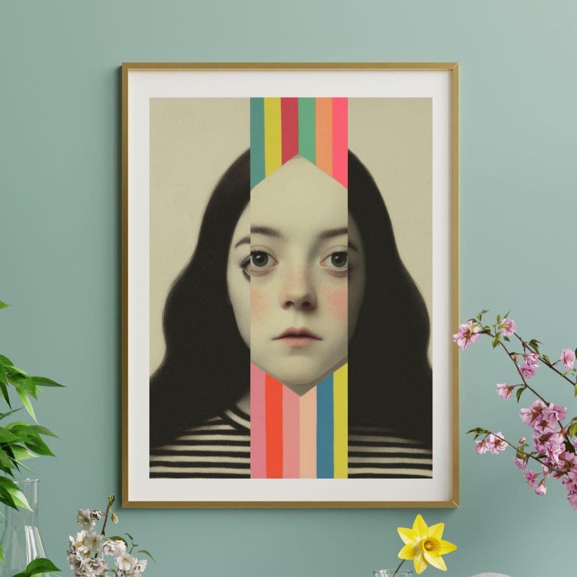 Rainbow Stripe Woman Face Modern Collage Portrait Poster Art
