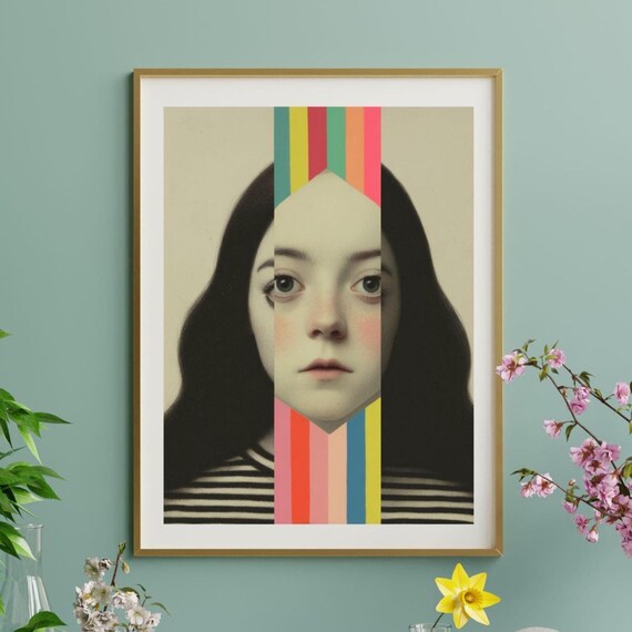 Rainbow Stripe Woman Face Modern Collage Portrait Poster Art