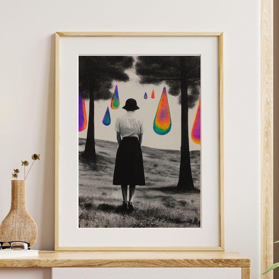 Silver Lining Girl in Rain with Rainbow Drops Surreal Art Poster