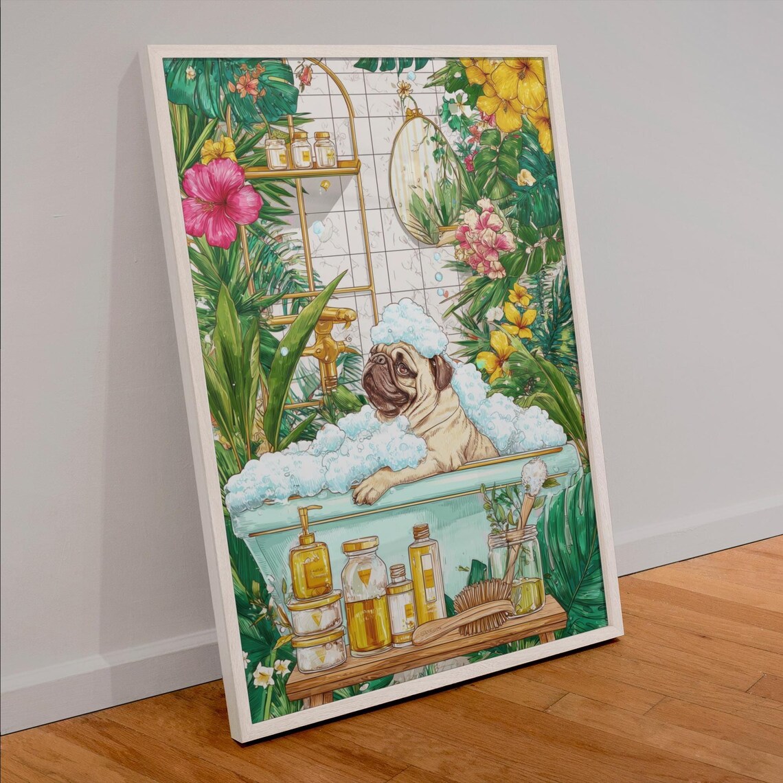 Pug In Tub Illustration Poster, Funny Dog Wall Art