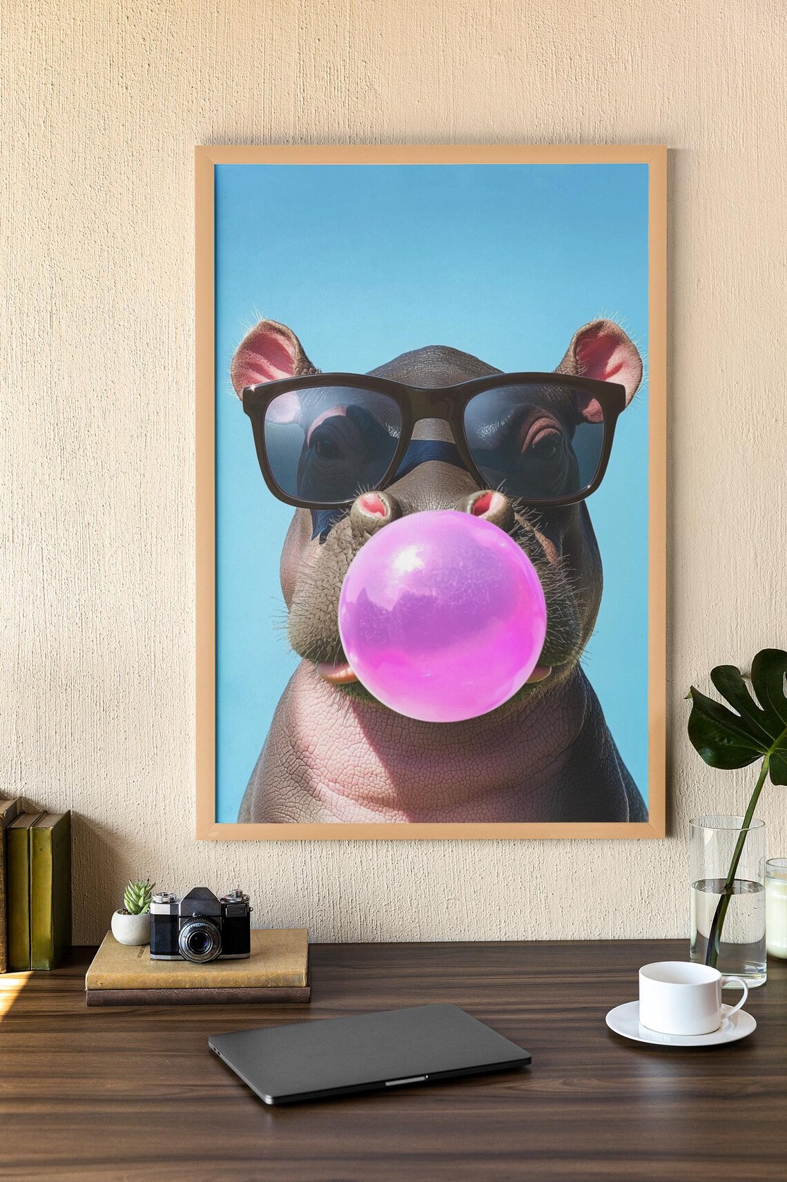 Baby Hippo Bubble Gum Poster, Playful Animal Decor