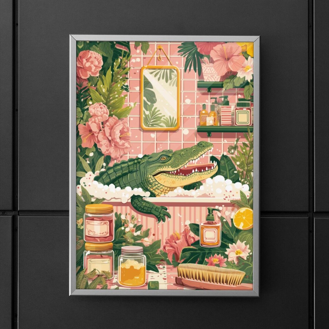 Whimsical Crocodile Jungle Bathroom Scene, Art Print