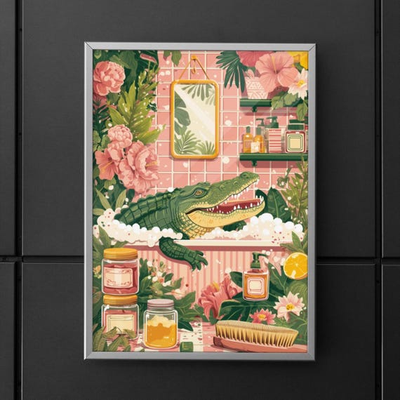 Whimsical Crocodile Jungle Bathroom Scene, Art Print