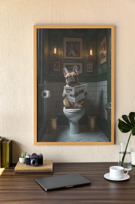 French Bulldog Bathroom Art, Quirky Dog Newspaper Print