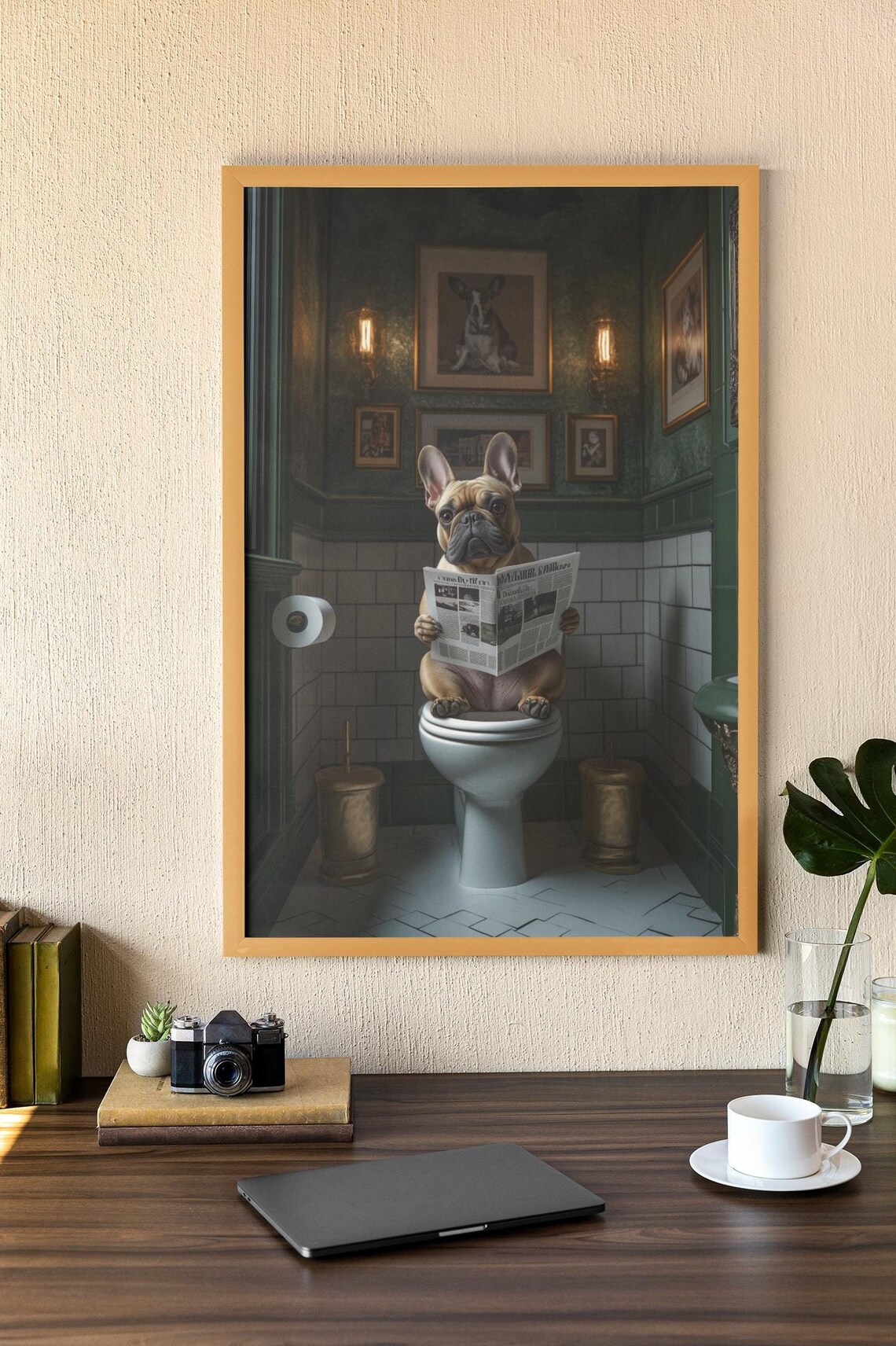 French Bulldog Bathroom Art, Quirky Dog Newspaper Print