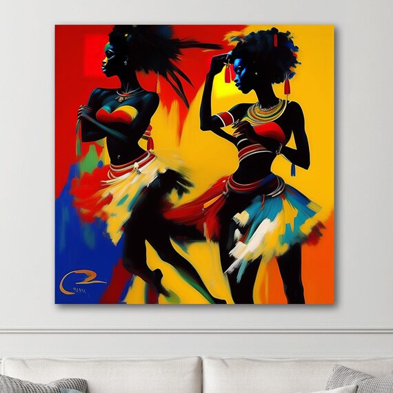 Dancing African Tribal Women Wall Art Print On Unique Decor Colorful Girl Painting Traditional African Art Framed Decor