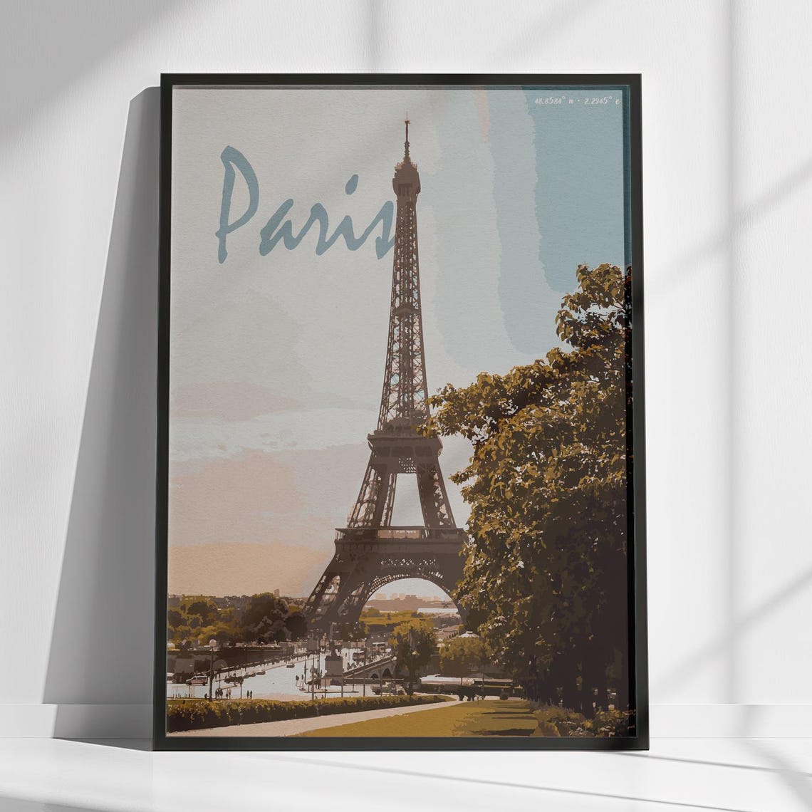 Paris Eiffel Tower Pastel Travel Poster Script Lettering Tree Lined