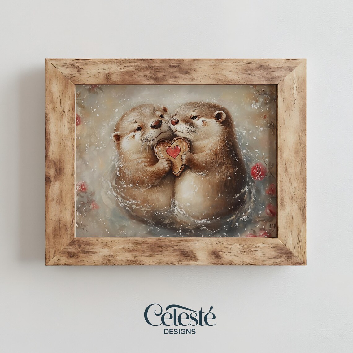 Otter Couple Holding a Wooden Heart With Red Heart in Water Print