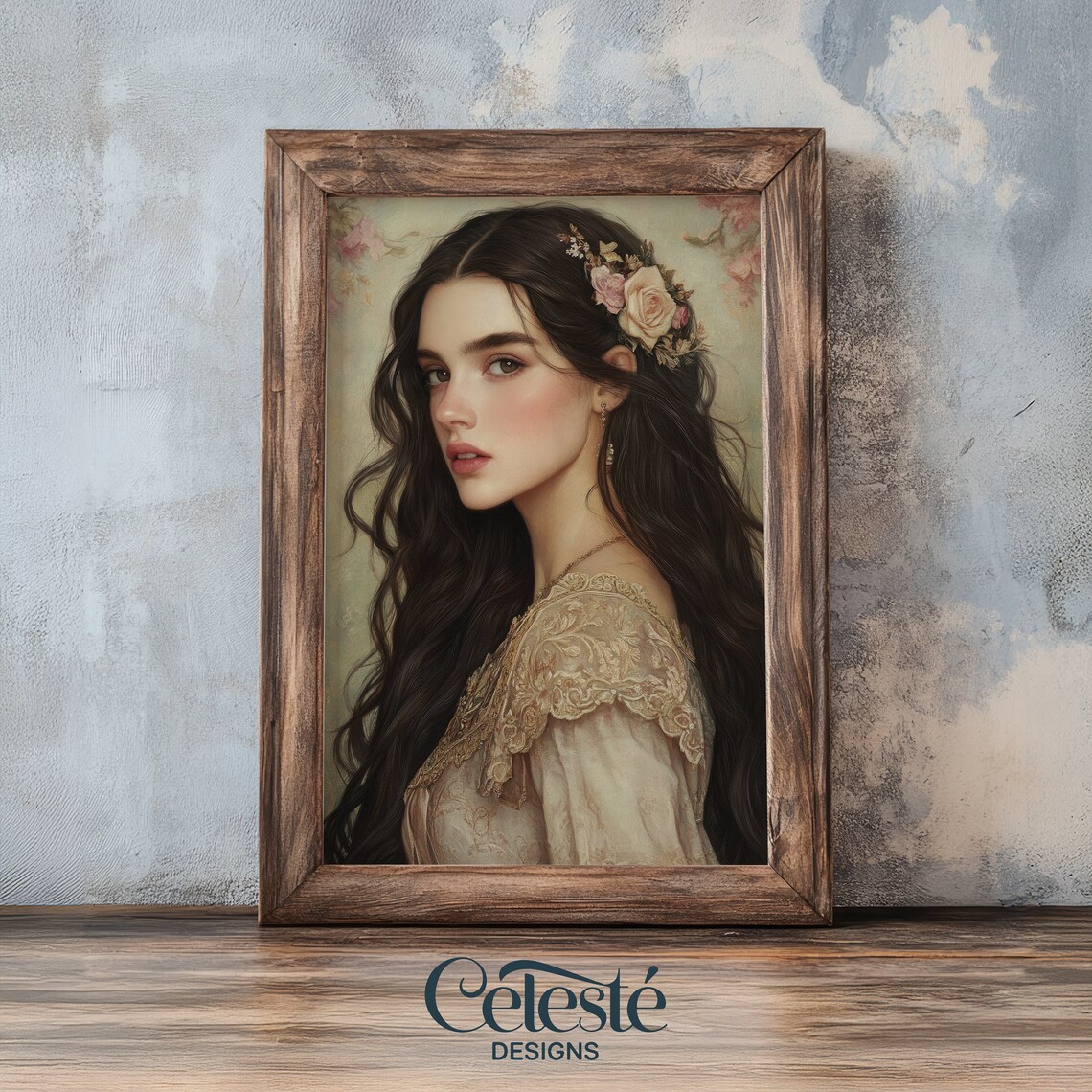 Romantic Vintage Portrait of Woman With Roses Elegant Dark Hair Poster
