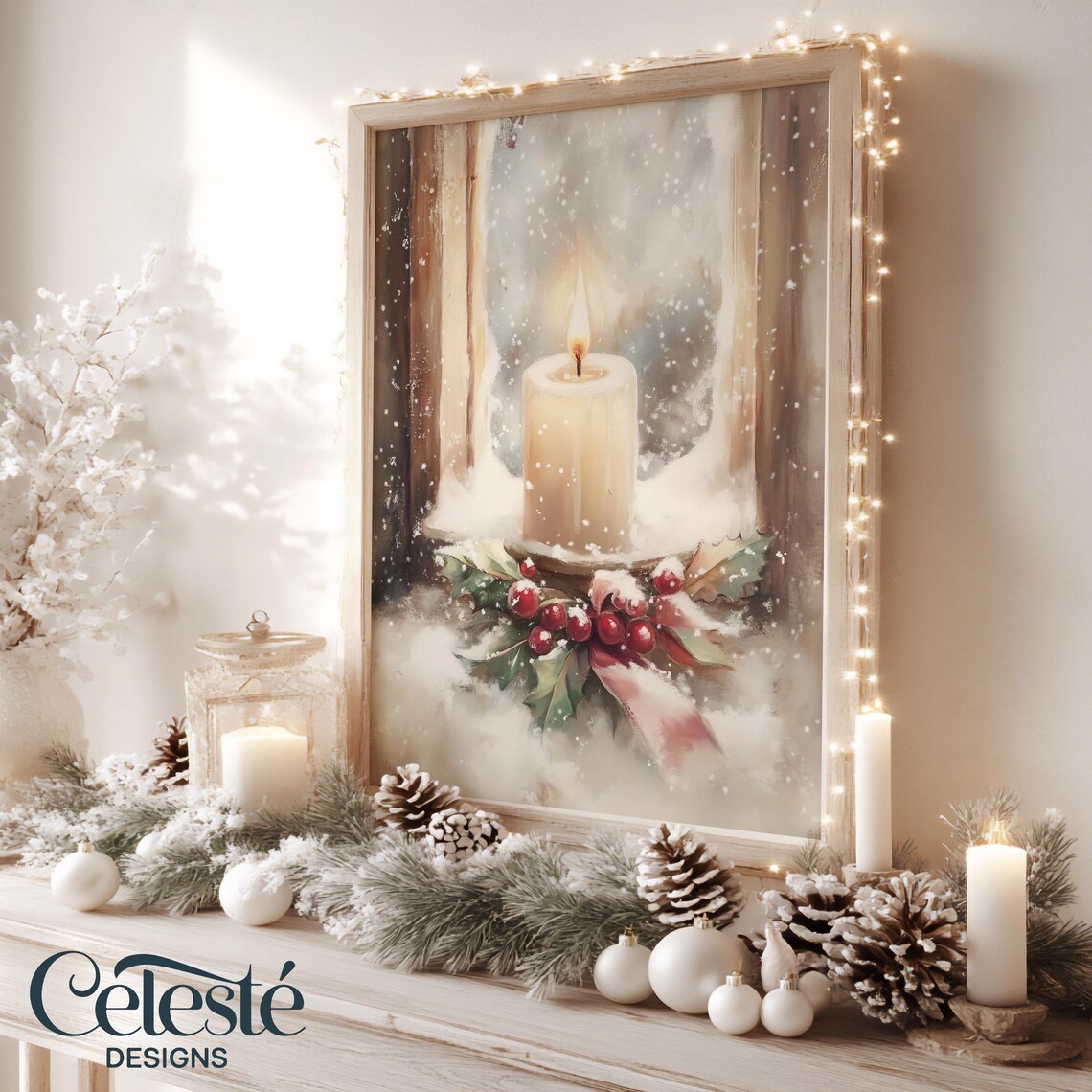 Vintage Christmas Candle Holly Berries Snowy Window Holiday Print