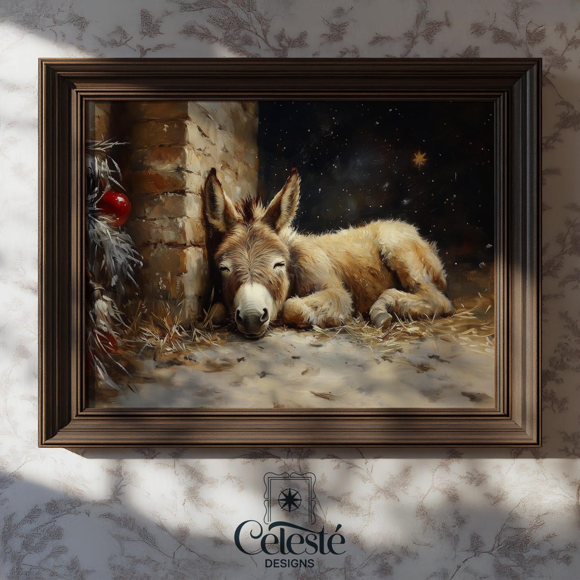 Sleeping Baby Donkey in Hay at Night Christmas Nativity Star Print