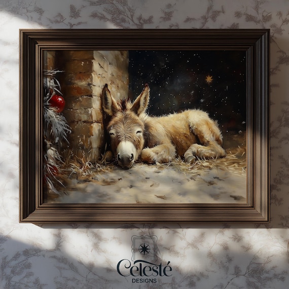 Sleeping Baby Donkey in Hay at Night Christmas Nativity Star Print