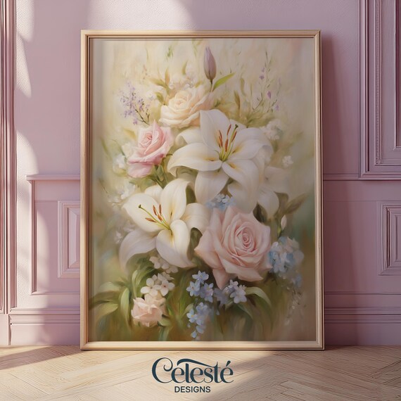 Vintage White Lily Pink Rose Floral Bouquet Decorative Art Print