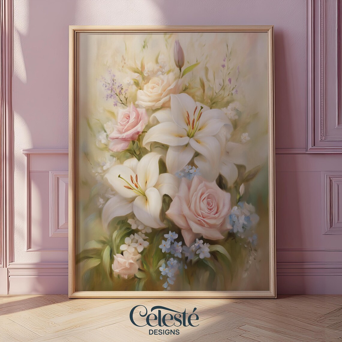 Vintage White Lily Pink Rose Floral Bouquet Decorative Art Print