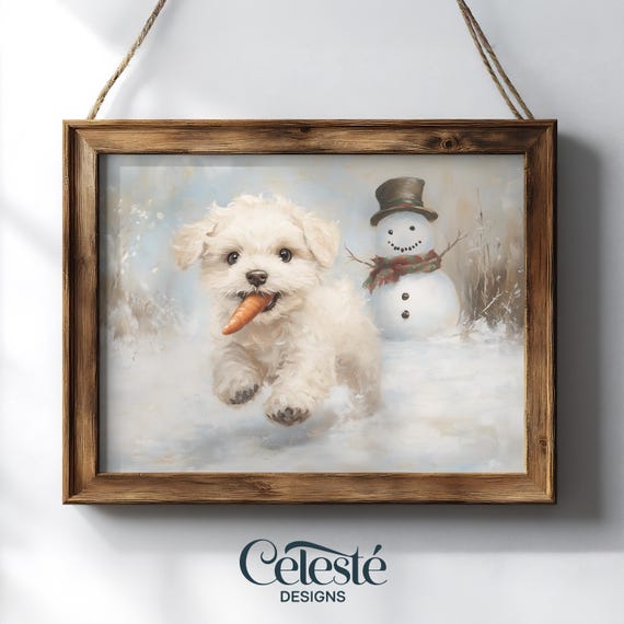 Funny Christmas Print Puppy Steals Snowmans Nose