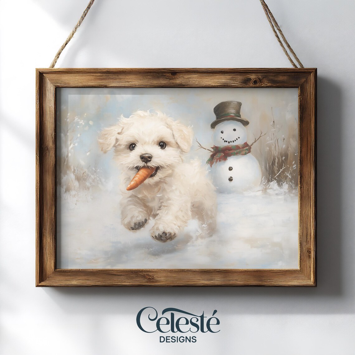 White Puppy Steals Snowman Carrot Nose Funny Christmas Poster