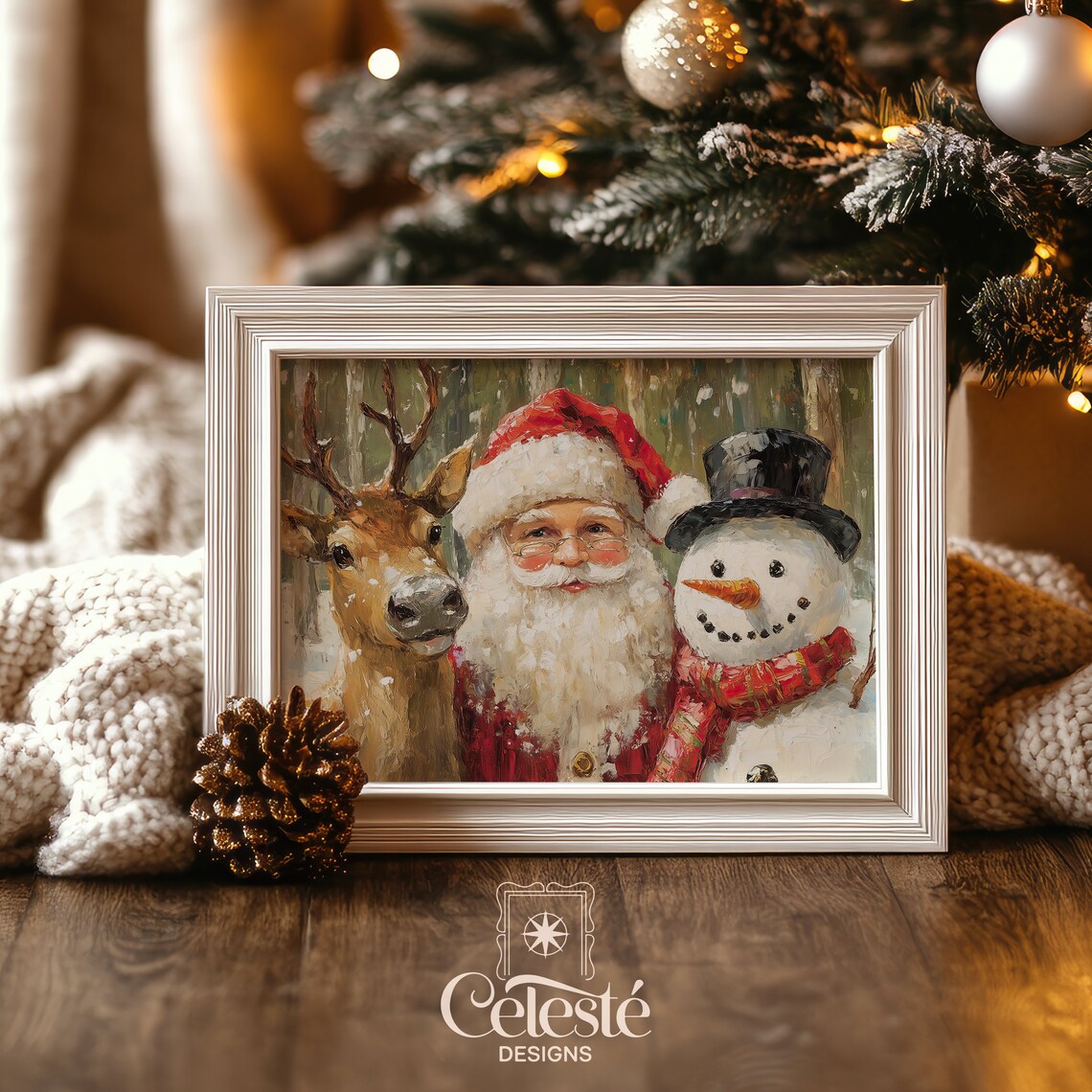 Santa Claus Reindeer and Snowman Cozy Christmas Painting Poster