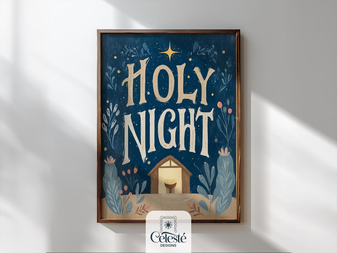 Holy Night Nativity Faith Christmas Typography Navy Holiday Print