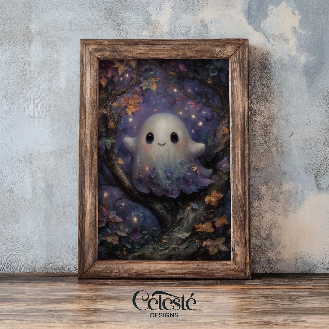 Cute Ghost Among Purple Flowers Whimsical Halloween Kawaii Wall Art