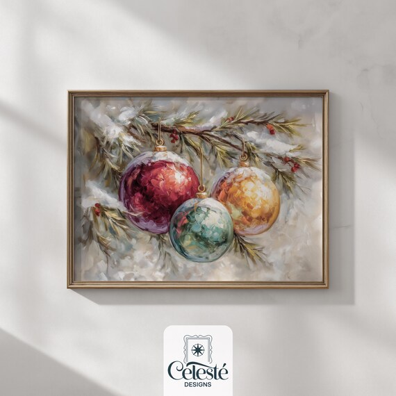Vintage Christmas Ornaments Ruby Gold Teal Snowy Pine Oil Painting Poster