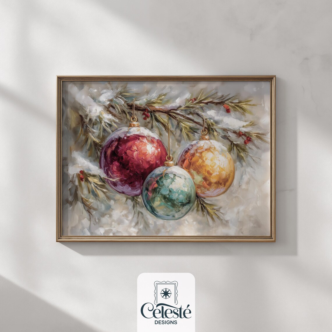 Vintage Christmas Ornaments Ruby Gold Teal Snowy Pine Oil Painting Poster