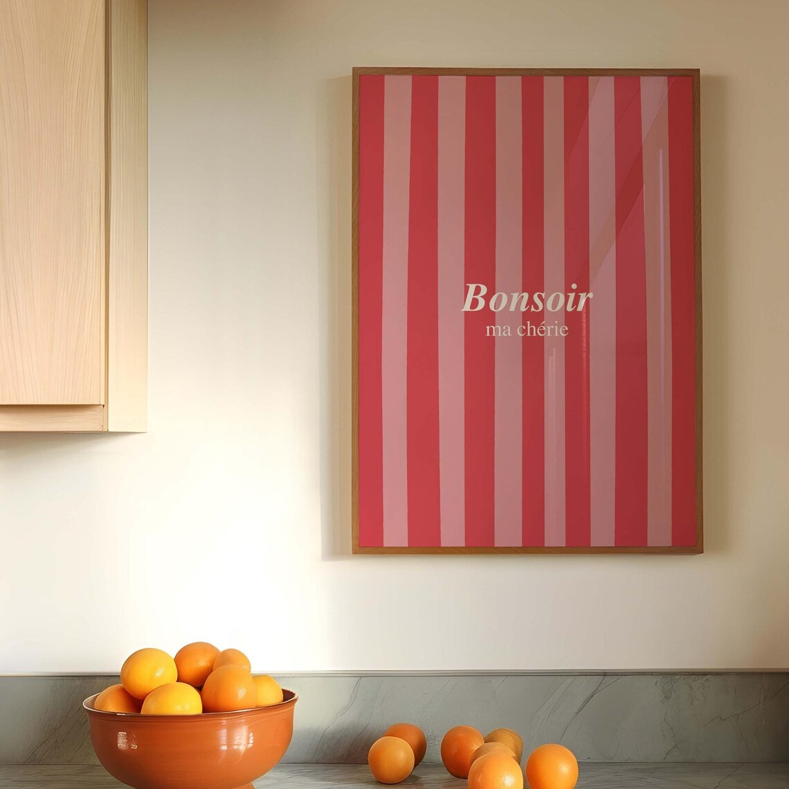 Bonsoir Ma Cherie Red Pink Striped French Quote Kitchen Poster