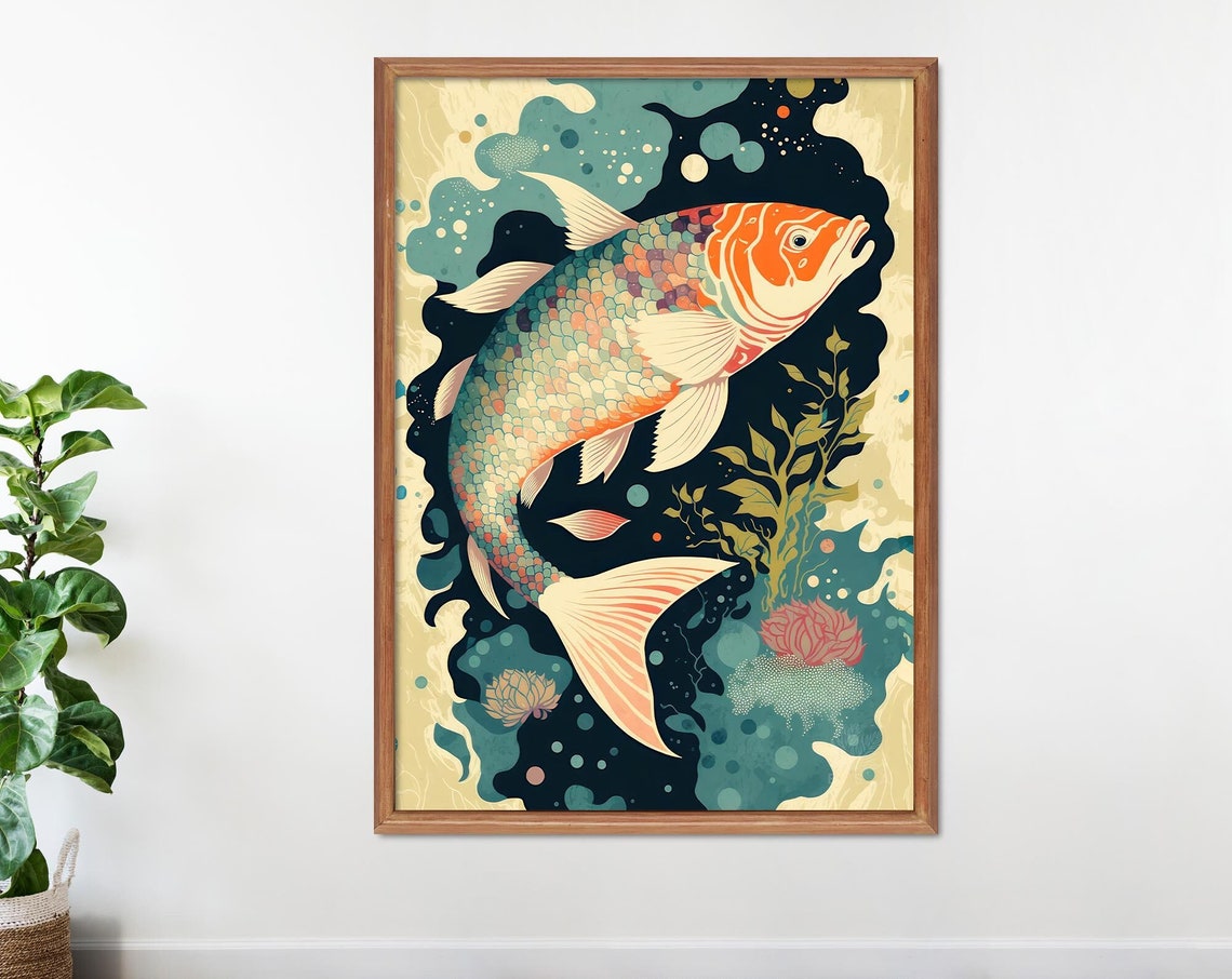 Colorful Koi Fish Lotus Blossoms Japanese Style Aquatic Poster - Image 3