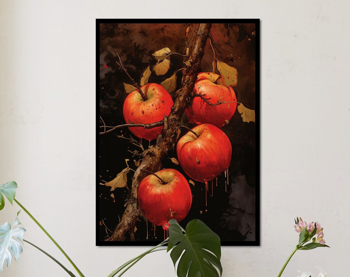 Dark Moody Red Apple Orchard Rustic Branch Harvest Painting Poster