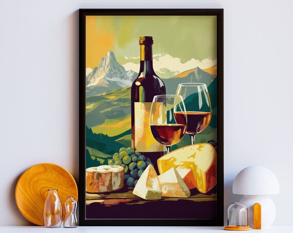 Wine Bottle Glasses Cheese with Mountain Landscape Retro Travel Poster