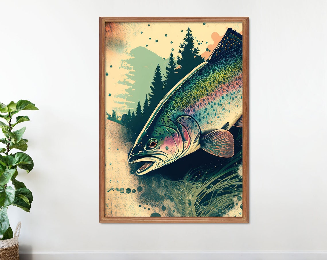 Rainbow Trout Leaping Beneath Pine Forest Vintage Fishing Poster
