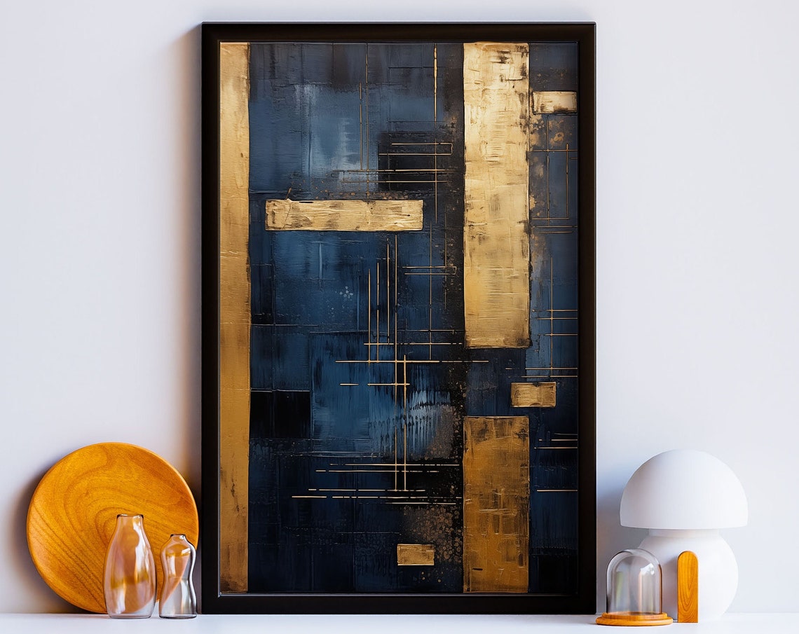 Navy And Gold Abstract Geometric Modern Architectural Wall Art