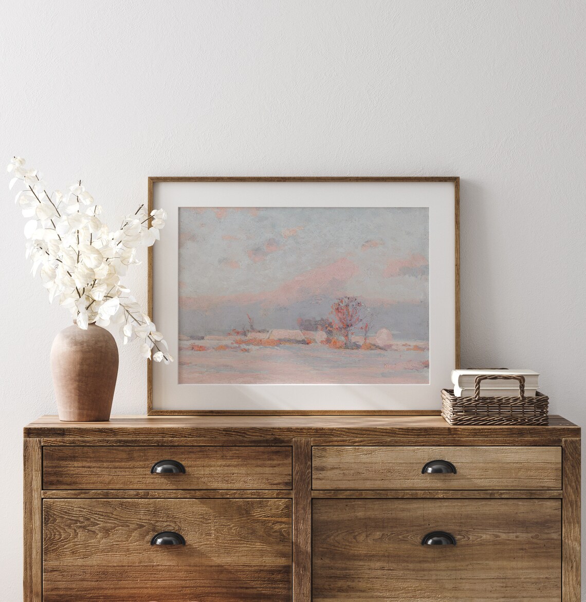 Pink Winter Evening Vintage Winter Landscape Art Print - Image 3