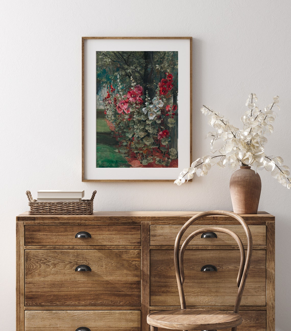 Tall Red and White Hollyhocks Garden Blooms Cottagecore Art Print - Image 2