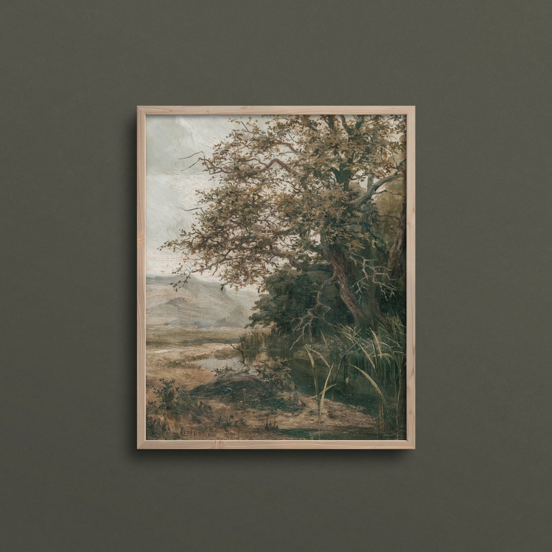 Majestic Tree by Quiet Stream Reeds Moody Nature Vintage Art Print - Image 2