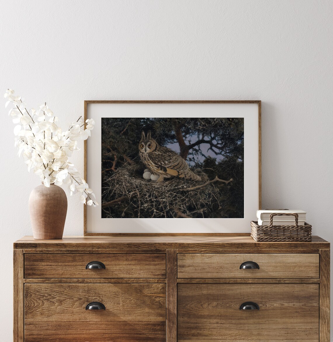 Long-Eared Owl in Nest with Eggs Night Forest Vintage Art Print - Image 3