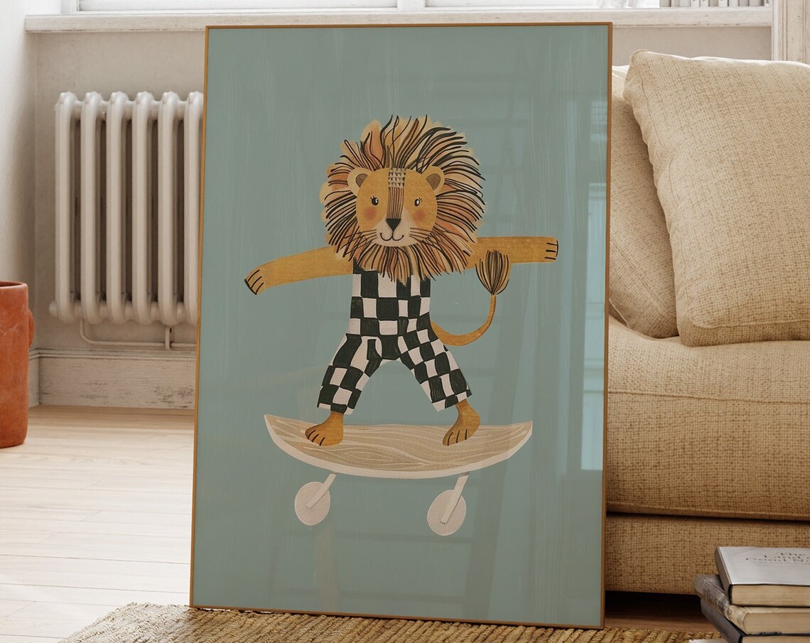 Cool Lion Skateboard Checkered Outfit Kids Nursery Animal Poster