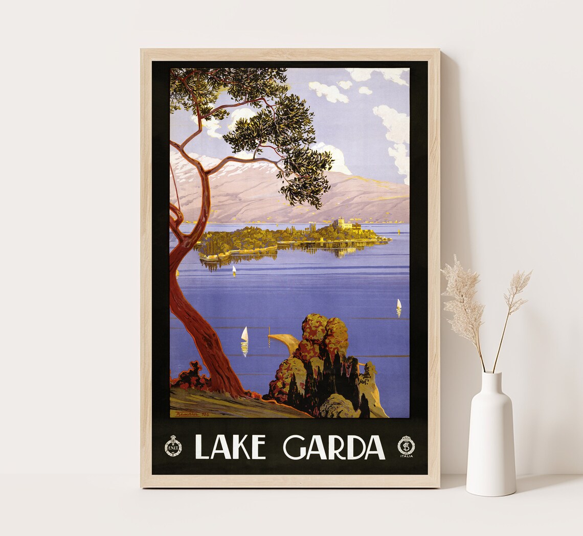 Lake Garda Italy Sailboats Island Mountain View Vintage Travel Poster