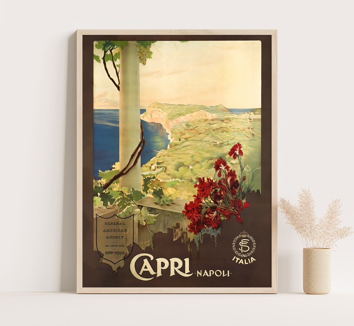 Capri Italy Cliff Coast Terrace Flowers Vintage Island Travel Poster