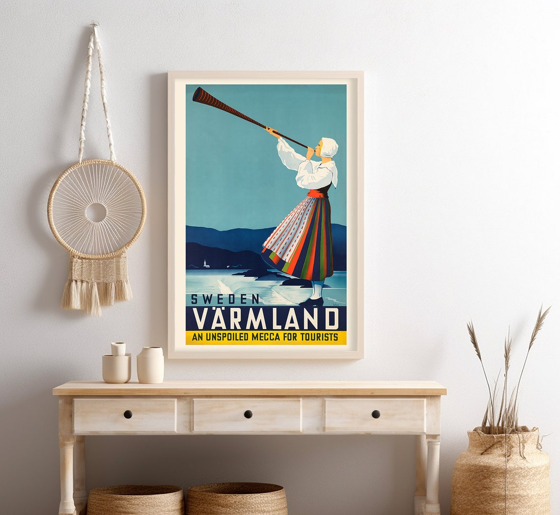 Sweden Varmland Folk Horn Player Lake Sunset Vintage Travel Poster - Image 4