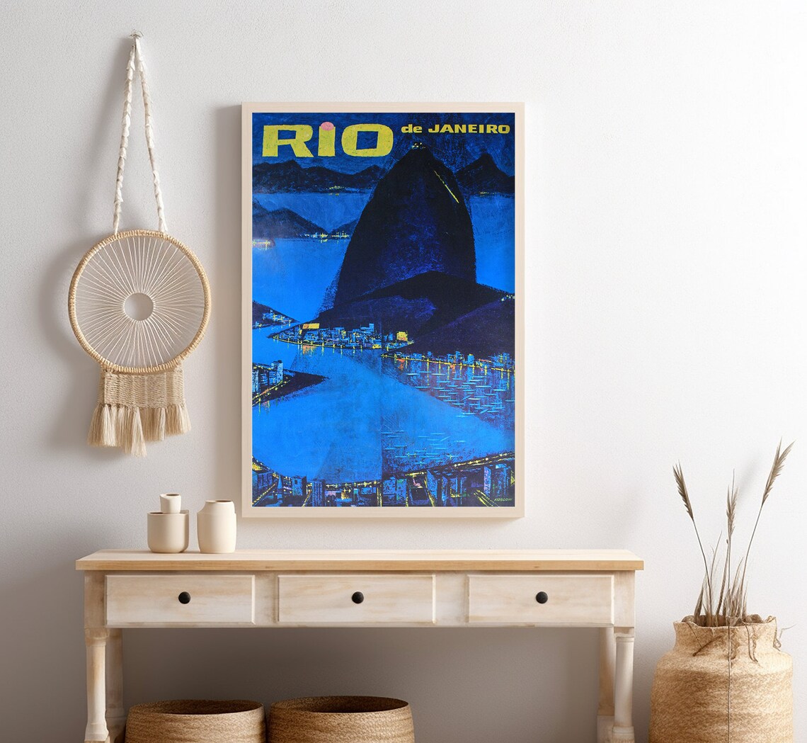 Rio De Janeiro Sugarloaf Night Bay City Lights Vintage Travel Poster - Image 4