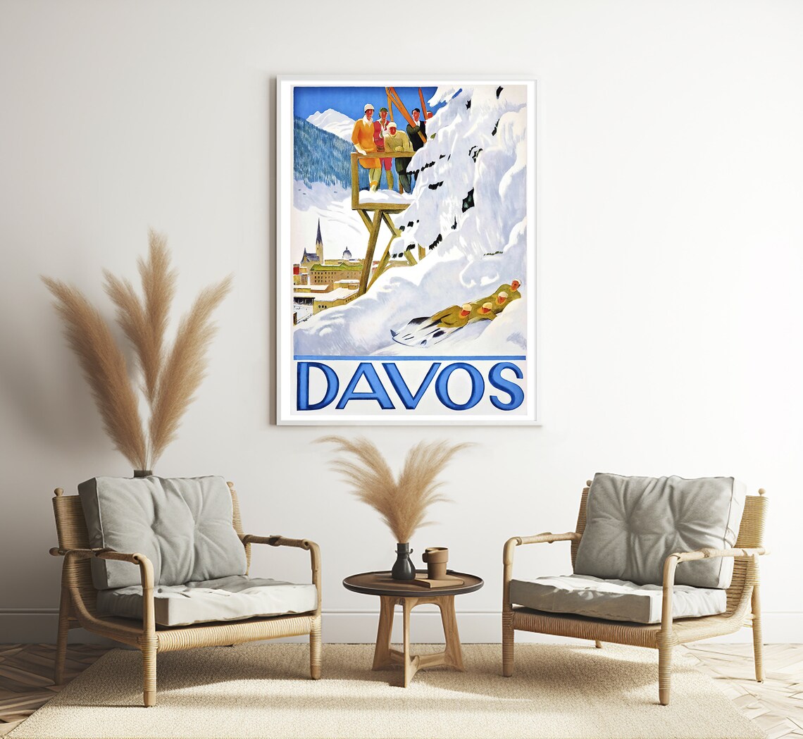 Davos Switzerland Vintage Skiing Skiers Sledders Snowy Resort Poster - Image 3