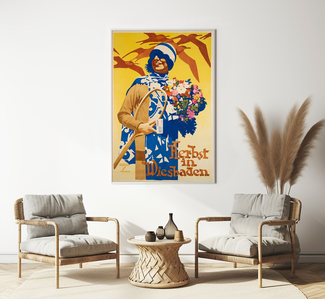Wiesbaden Germany Autumn Woman Tennis Flowers Hohlwein Vintage Poster - Image 3