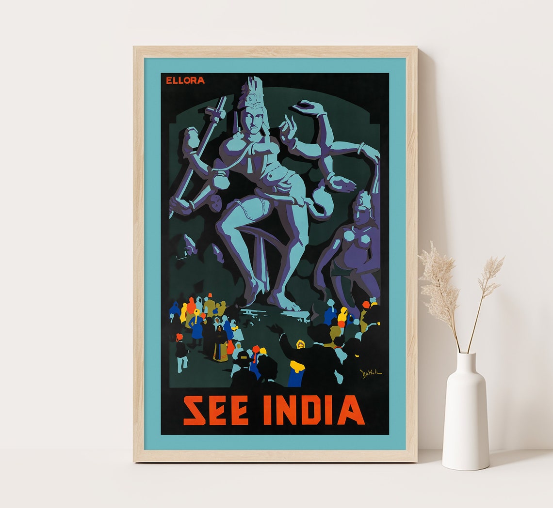 See India Ellora Caves Night Deity Statue Crowd Vintage Travel Poster