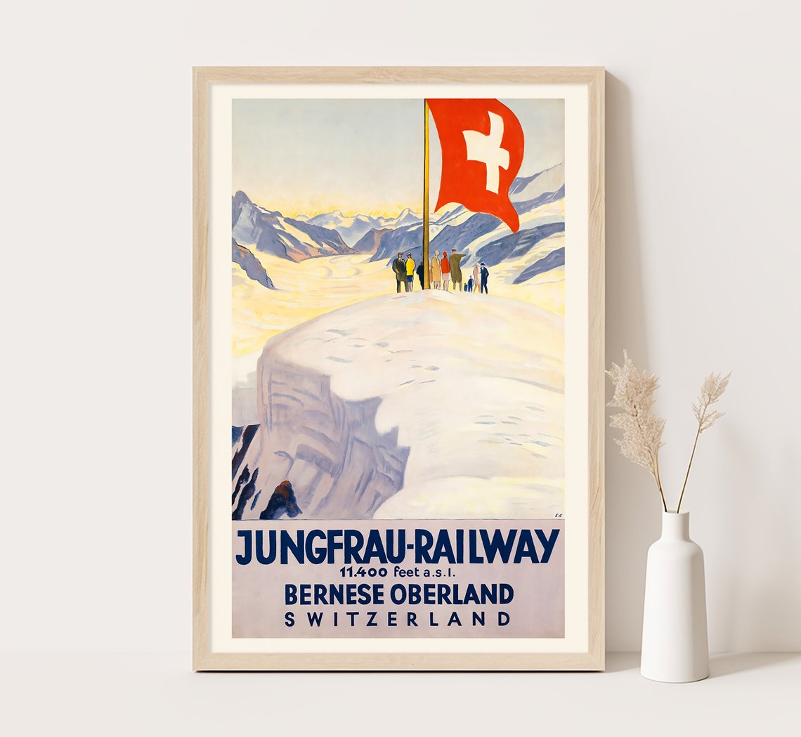 Jungfrau Railway Bernese Oberland Swiss Flag Summit Glacier Poster