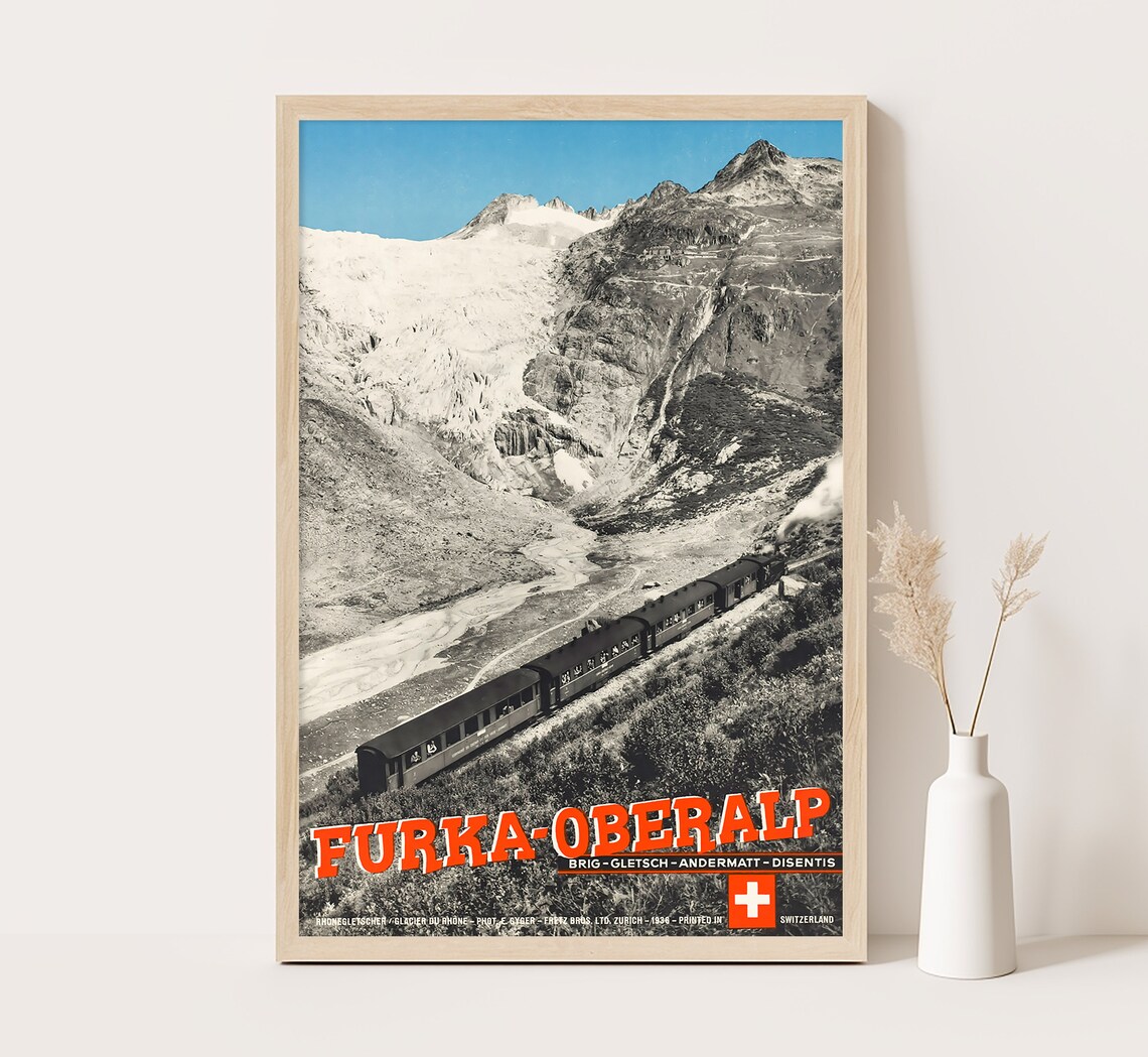 Furka Oberalp Glacier Mountain Railway Vintage Train Travel Poster