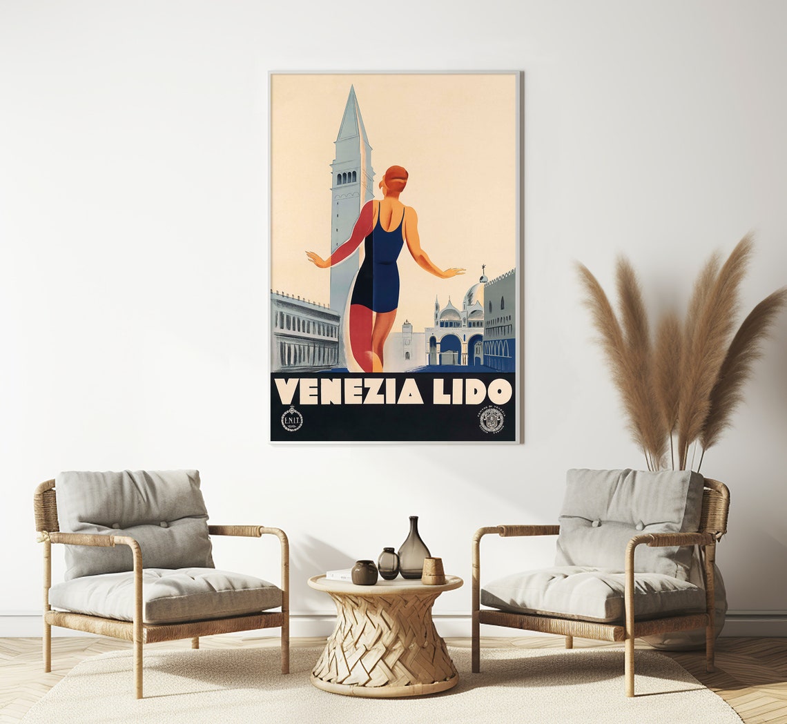 Venezia Lido Swimmer Before St Marks Campanile Vintage Italian Poster - Image 3